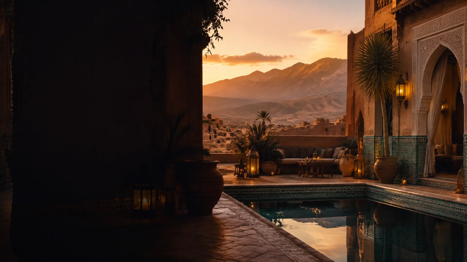 Moroccan hotel terrace overlooking mountains