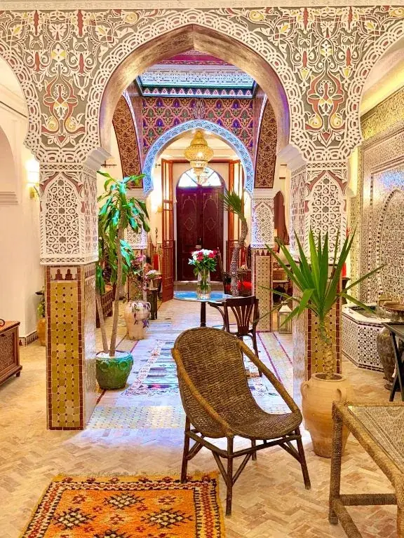 Ornate Moroccan courtyard at Riad Al-Qurtubi in Tangier