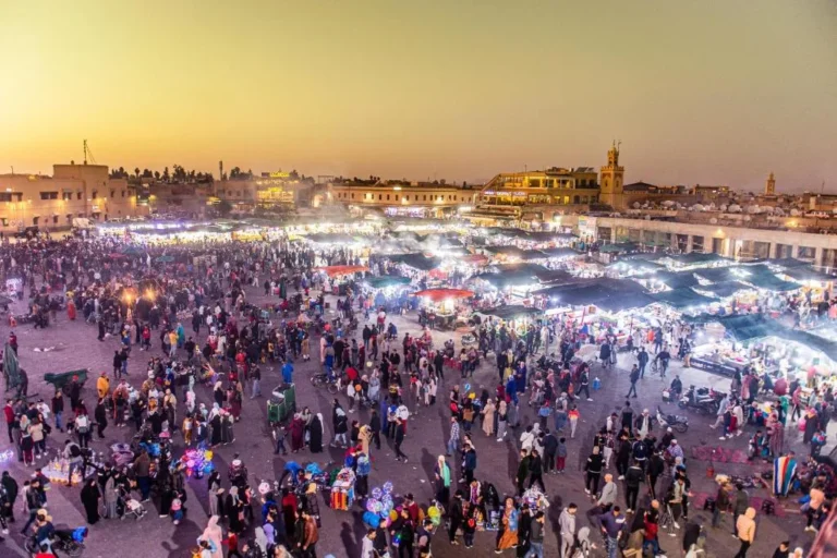 Panoramic sunset view of Jemaa el-Fna in Marrakech