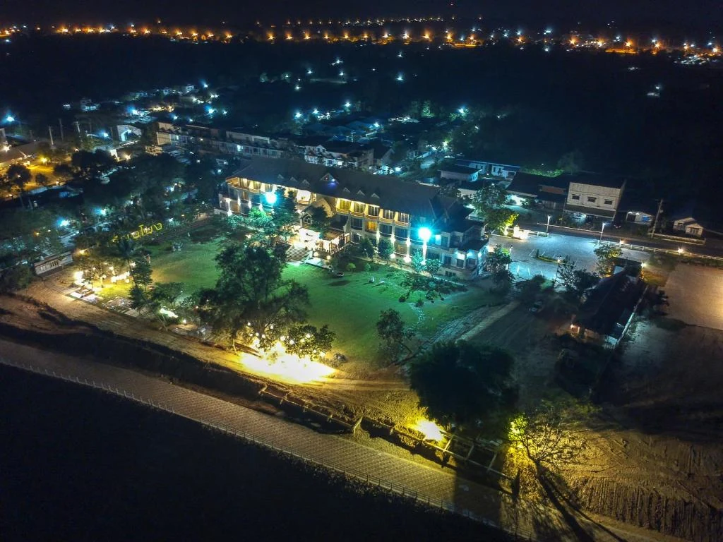 Aerial night view of Vieng Khong Hotel beside the Mekong River