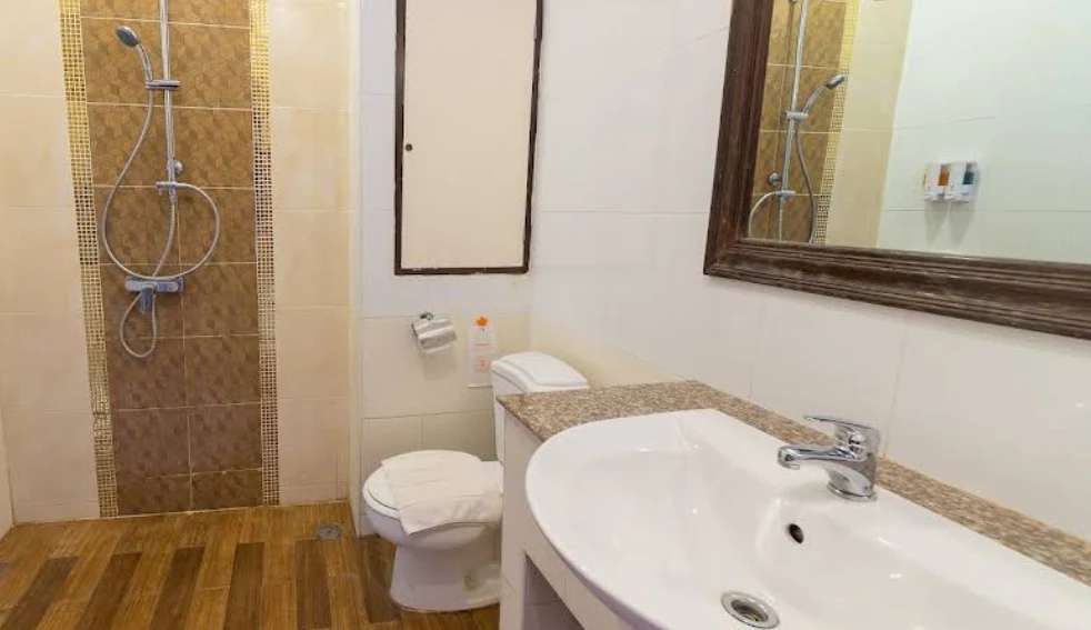 Vieng Khong Hotel bathroom with shower and large mirror