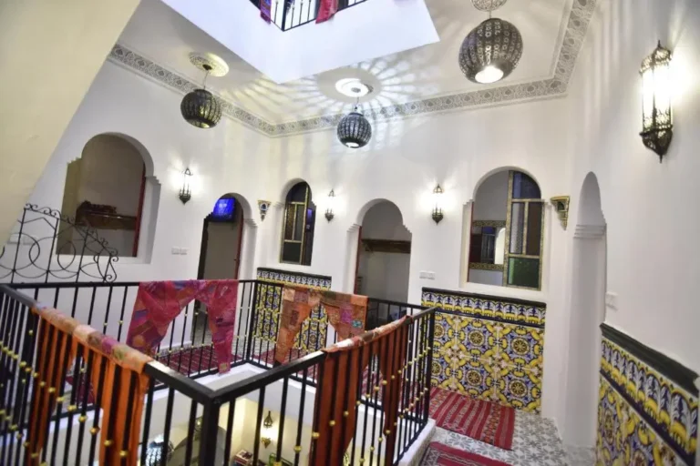 Upper gallery with Moroccan lanterns at Zoco Riad Tangier